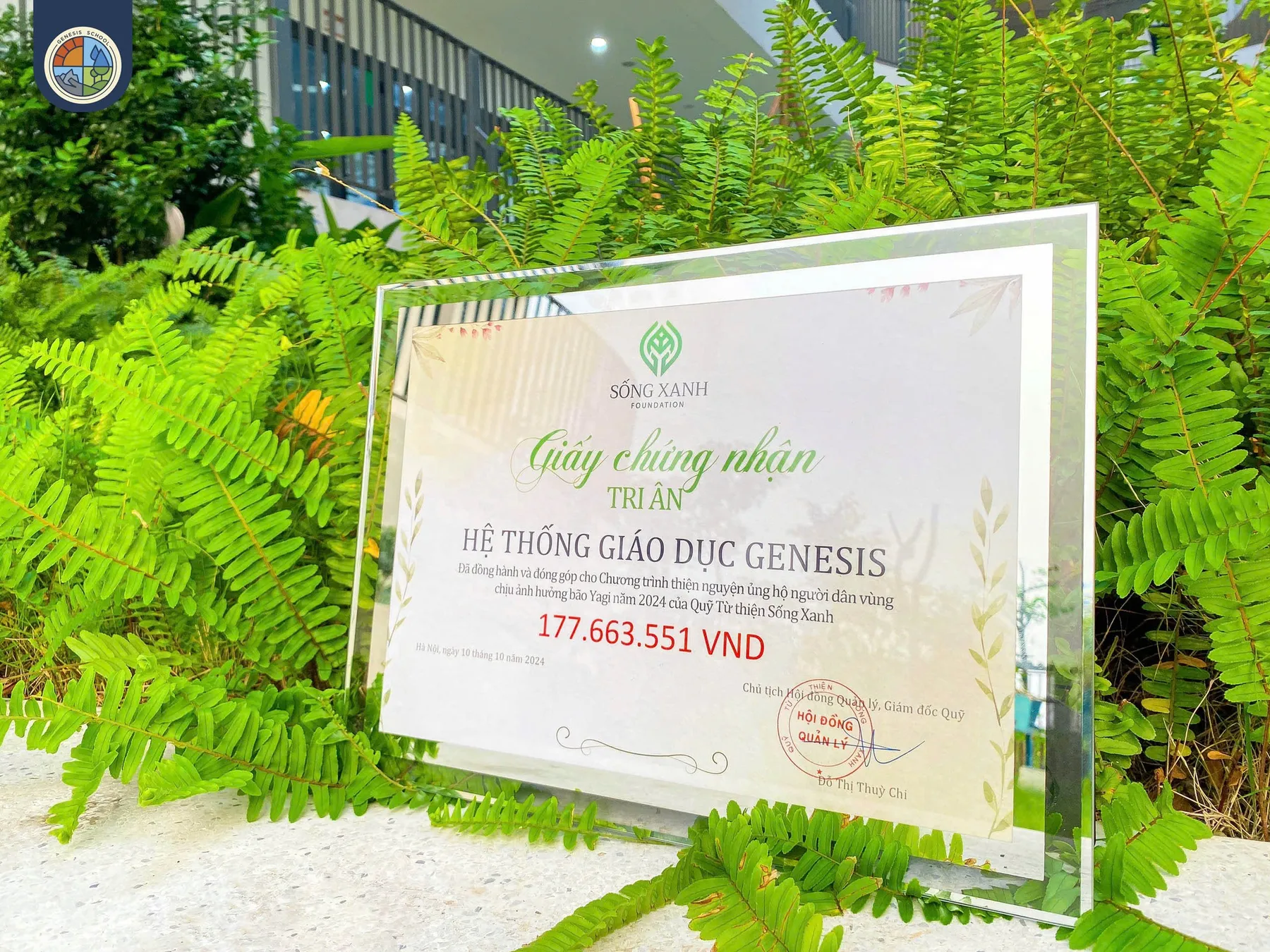 Giấy chứng nhận của Quỹ Từ thiện Sống Xanh ghi nhận đóng góp của hệ thống giáo dục Genesis